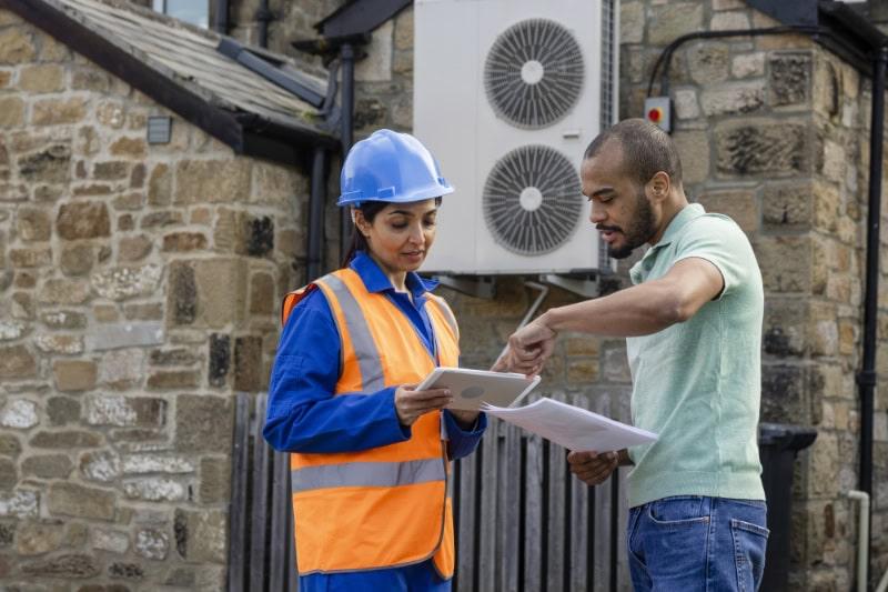 An air source heat pump on the side of a home being mounted.